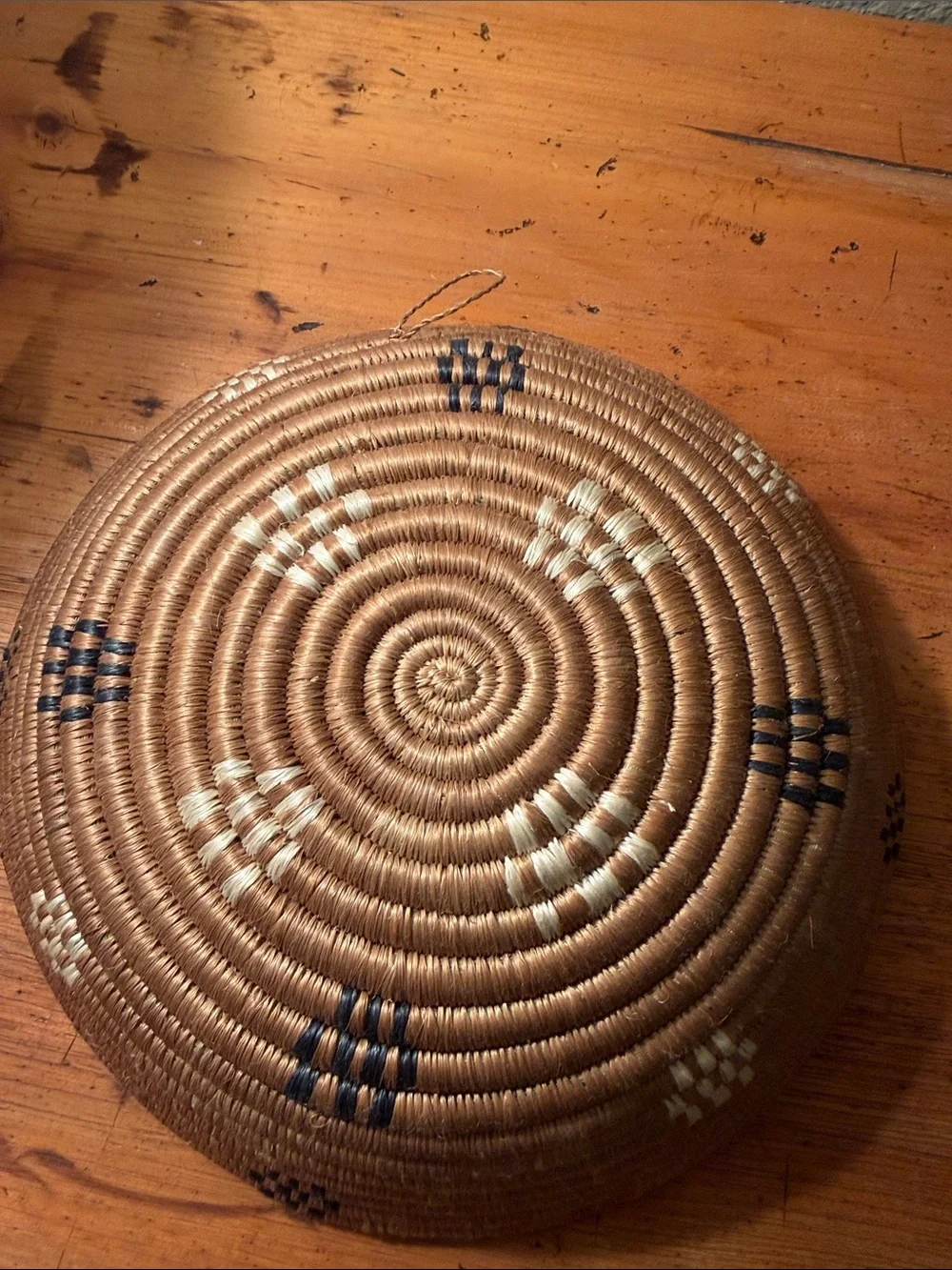 Handwoven Tan Coil Basket with Black and Cream Accents